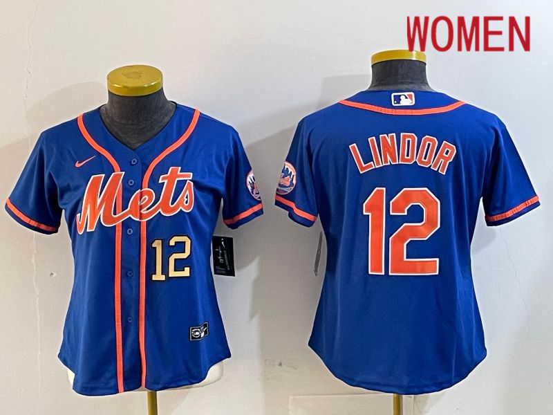 Women New York Mets #12 Lindor Blue Game 2024 Nike MLB Jersey style 12182